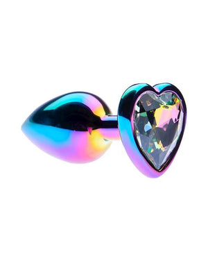 Open image in slideshow, A shiny metallic object which has a heart shaped diamante on one end and a knobby end which is rainbow coloured.
